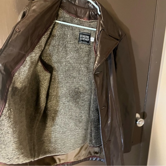 Vintage Genuine Leather Jacket Chocolate Brown Button Up Faux Fur Lining - Picture 6 of 9